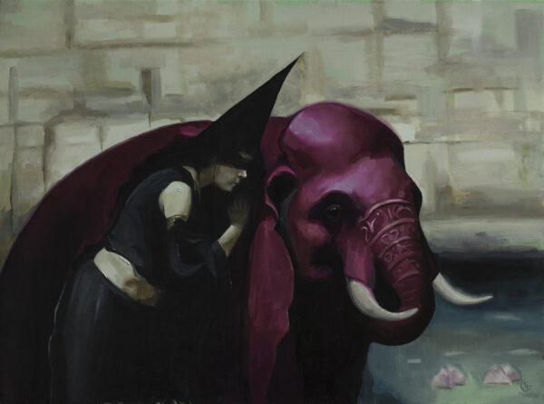 Surreal oil painting by Emilia Cantor with a witch wearing a pointy witches hat, whispering to a purple elephant. The painting is charming and mystery. Witch and elephant painting