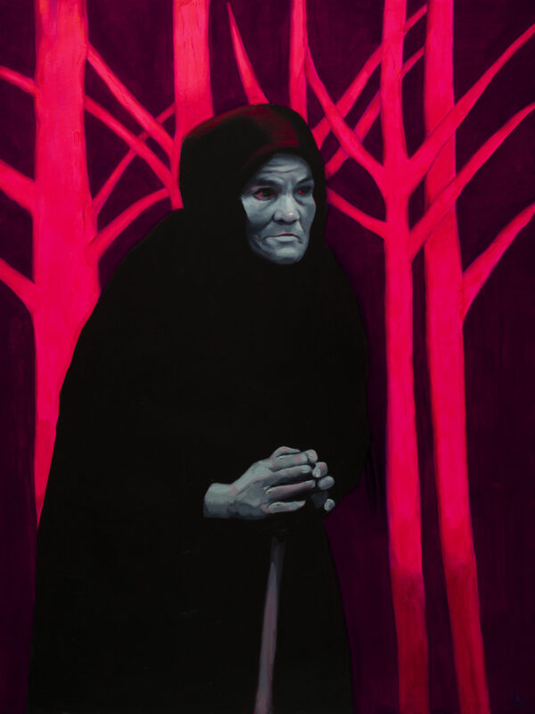 Stark red and black oil painting by Emilia Cantor, of an old man draped in a black cloak, set against almost neon red outlines of trees. The painting evokes feelings of unease and mystery. Gothic oil painting
