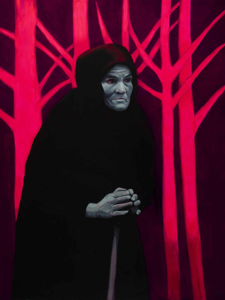 Stark red and black oil painting by Emilia Cantor, of an old man draped in a black cloak, set against almost neon red outlines of trees. The painting evokes feelings of unease and mystery. Gothic oil painting