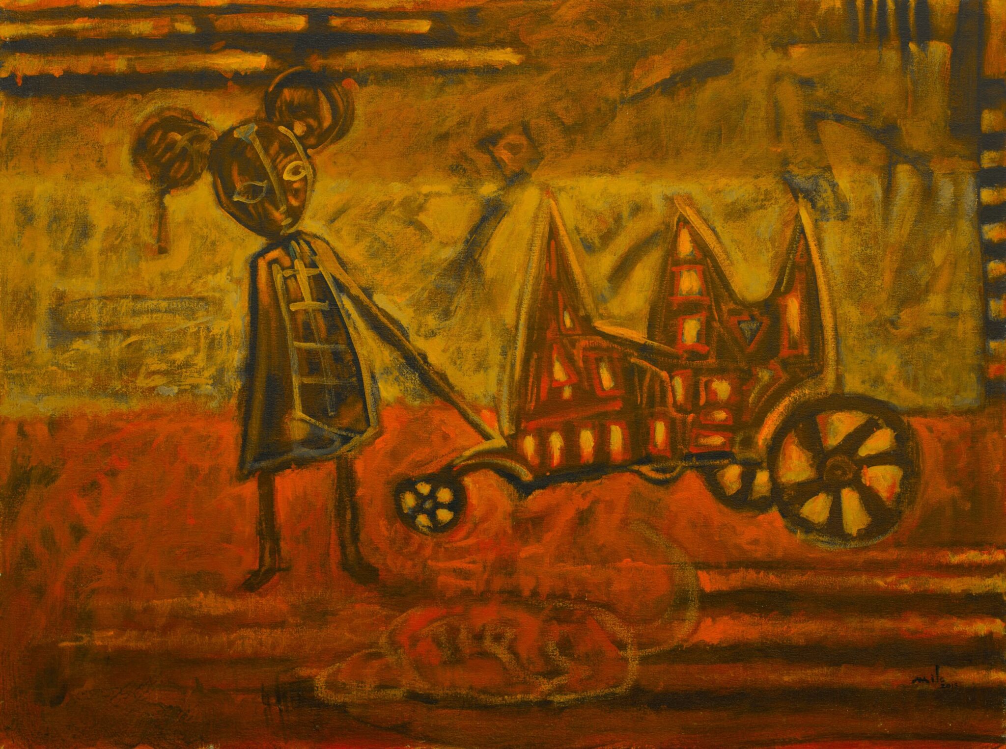 Childhood fantasy painting by Milo Gonzalez, featuring a slightly sinister scene of a young girl playing with a toy with firy red, yellow and orange tones.