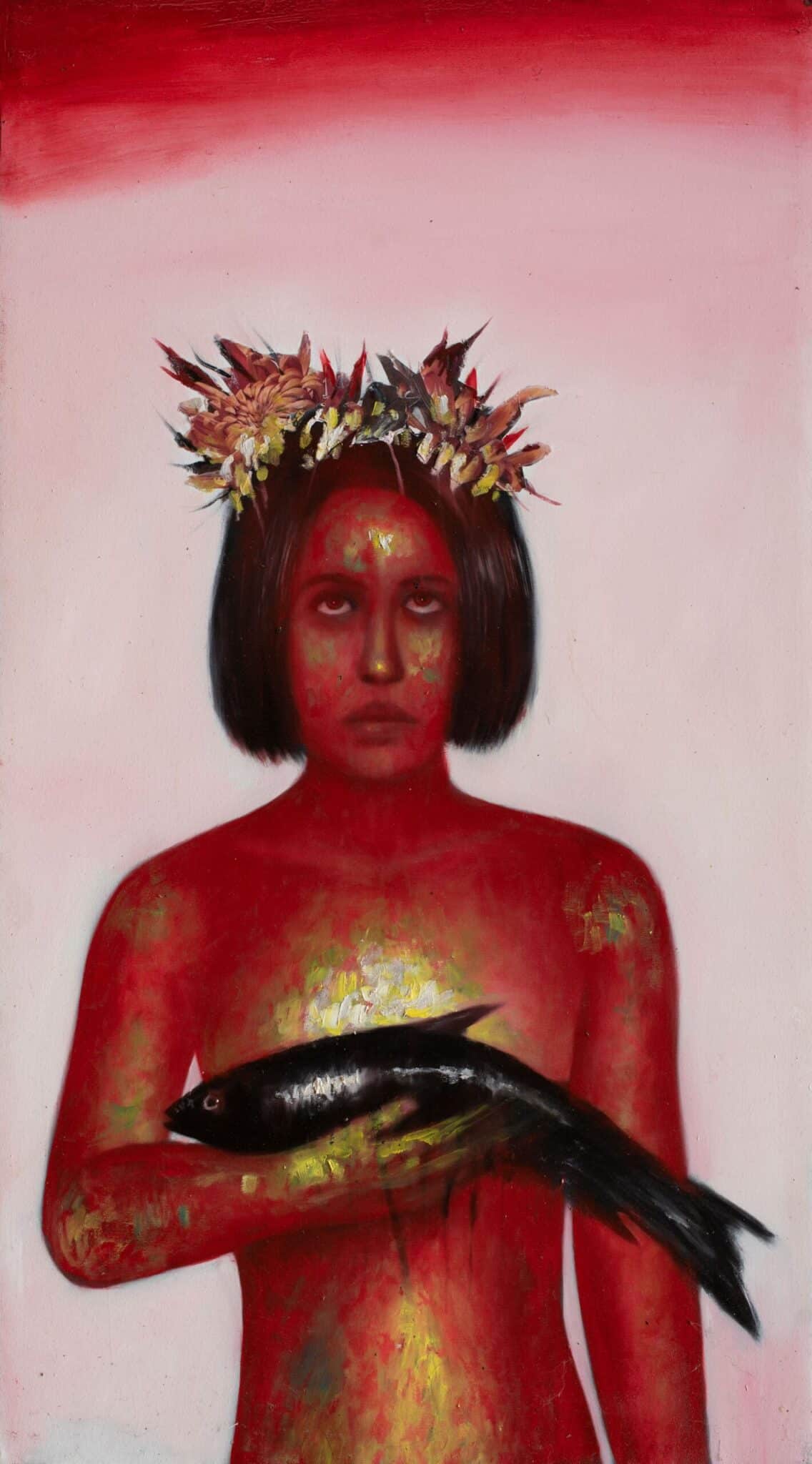 Floración de Los Lamentos by Pablo Mejias, featuring a figure painted in predominately red tones, holding a fish in one arm, with flowers - like thorns - adorn his head, evoking religious symbolism.