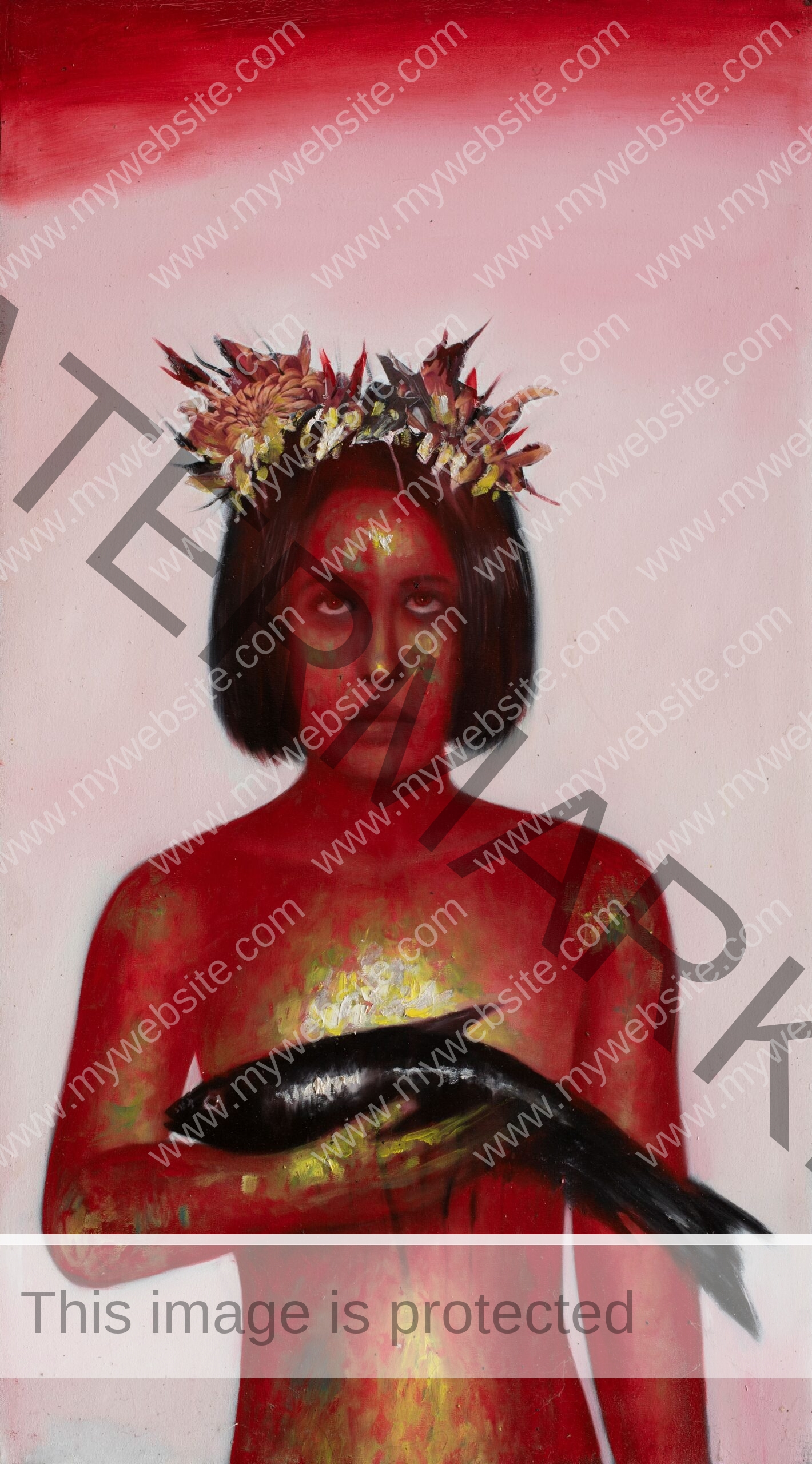 Floración de Los Lamentos by Pablo Mejias, featuring a figure painted in predominately red tones, holding a fish in one arm, with flowers - like thorns - adorn his head, evoking religious symbolism.