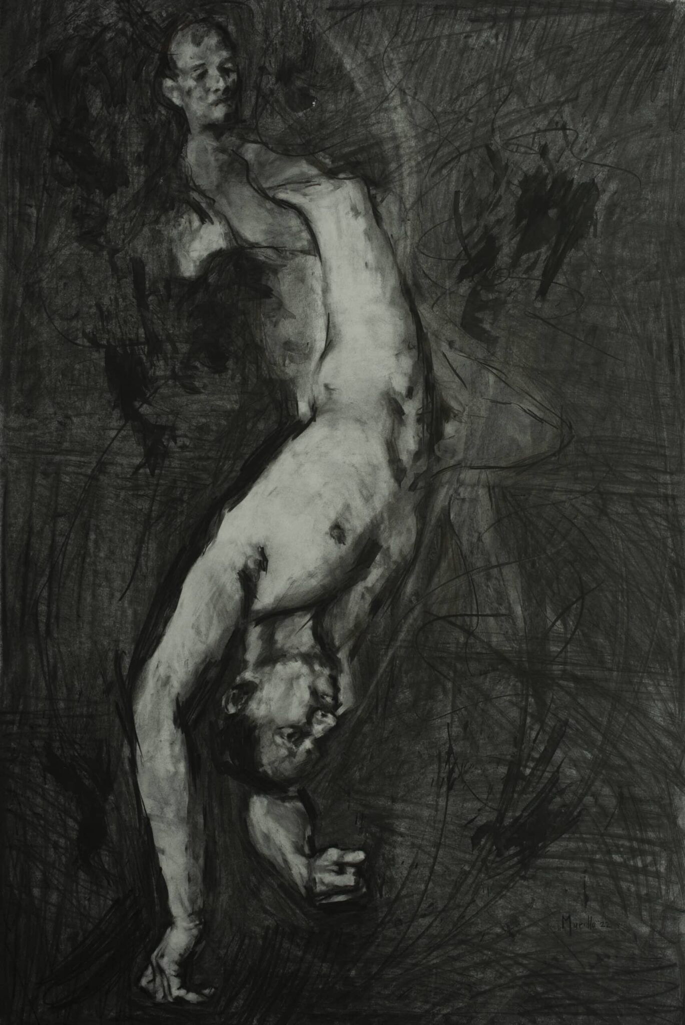 Charcoal drawing from Roberto Murillo's figurative Couplings series, featuring two nude men. One is holding the other upside down. Called "Sinister charcoal artwork"
