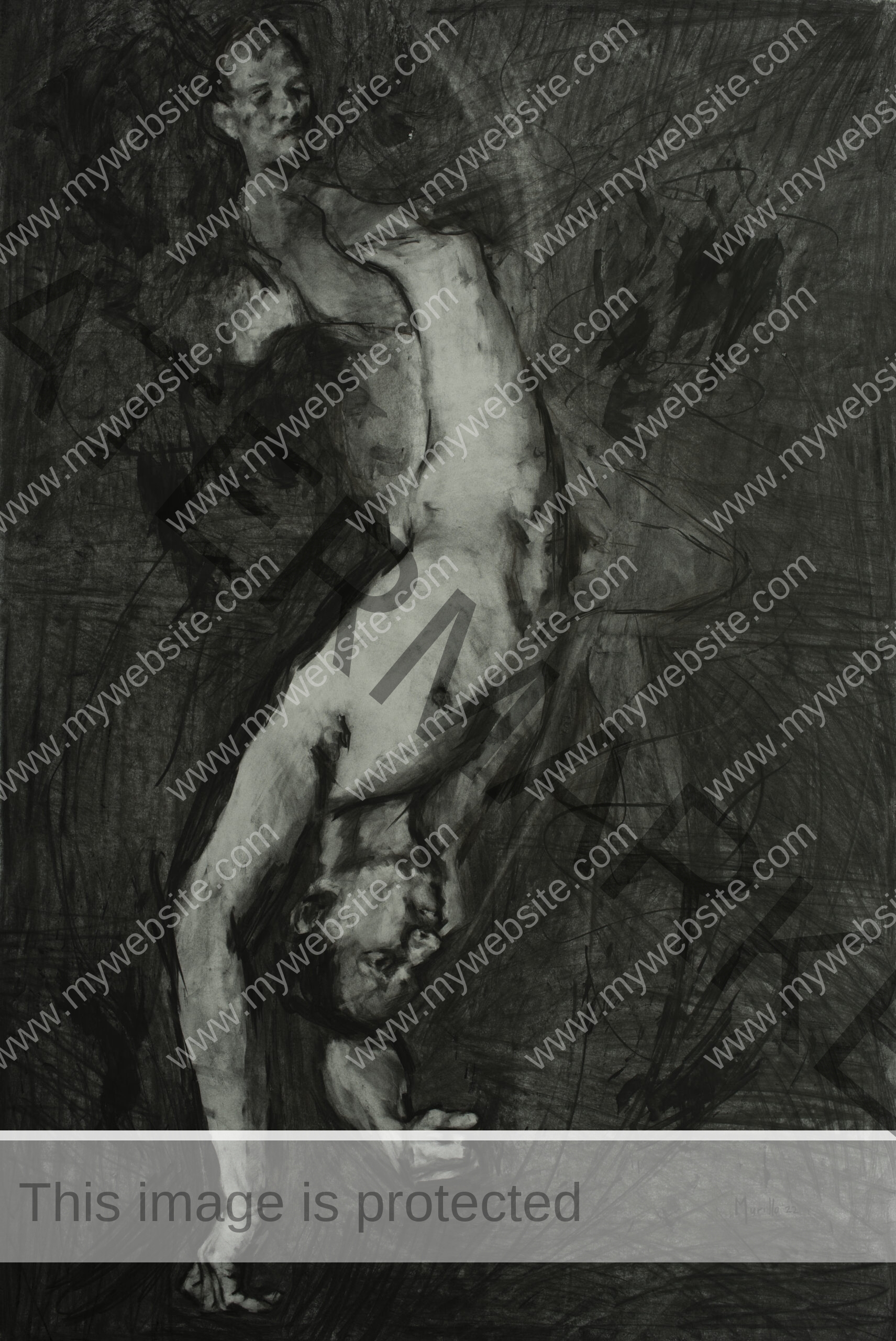 Charcoal drawing from Roberto Murillo's figurative Couplings series, featuring two nude men. One is holding the other upside down. Called "Sinister charcoal artwork"