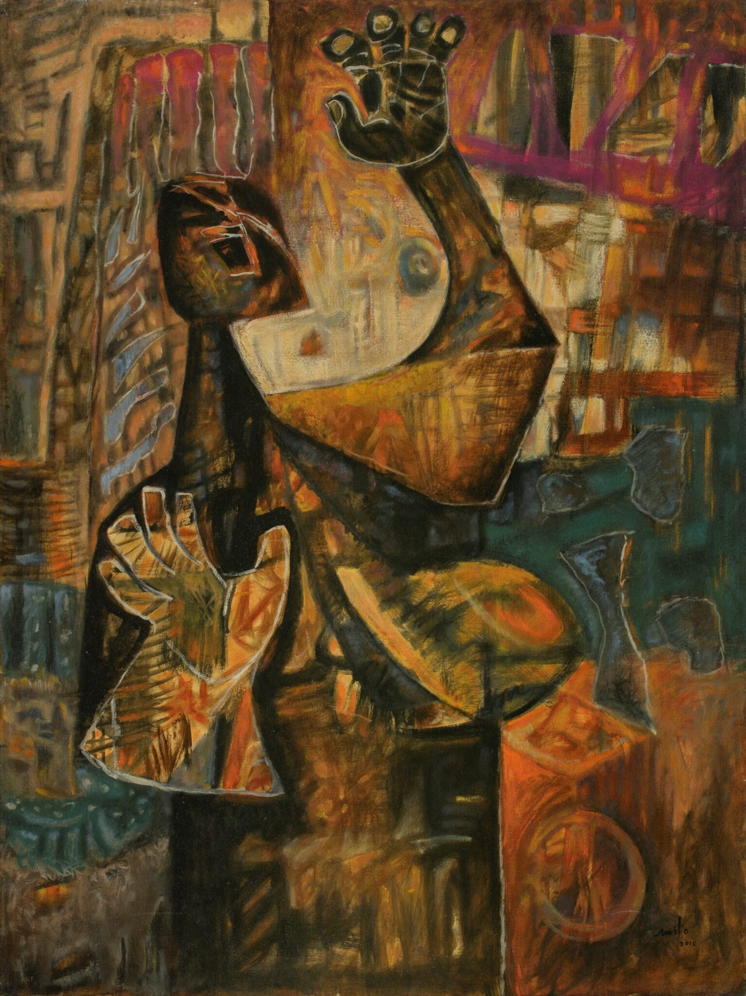 Cubist urban painting by Milo Gonzalez, featuring a two-dimensional representation of a man set against an abstract city setting.
