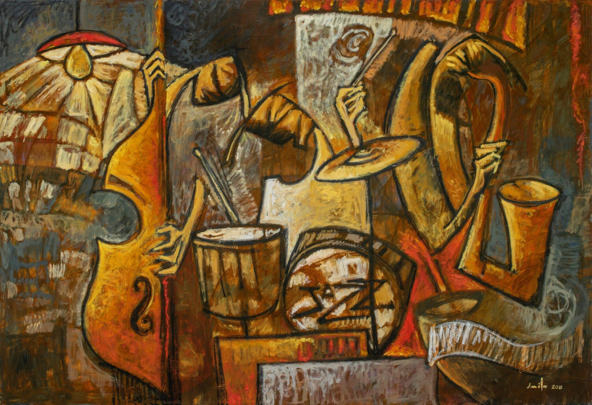 Cubist jazz painting by Milo Gonzalez, featuring an interior scene with a jazz band, suggesting perhaps a late-night jazz bar.