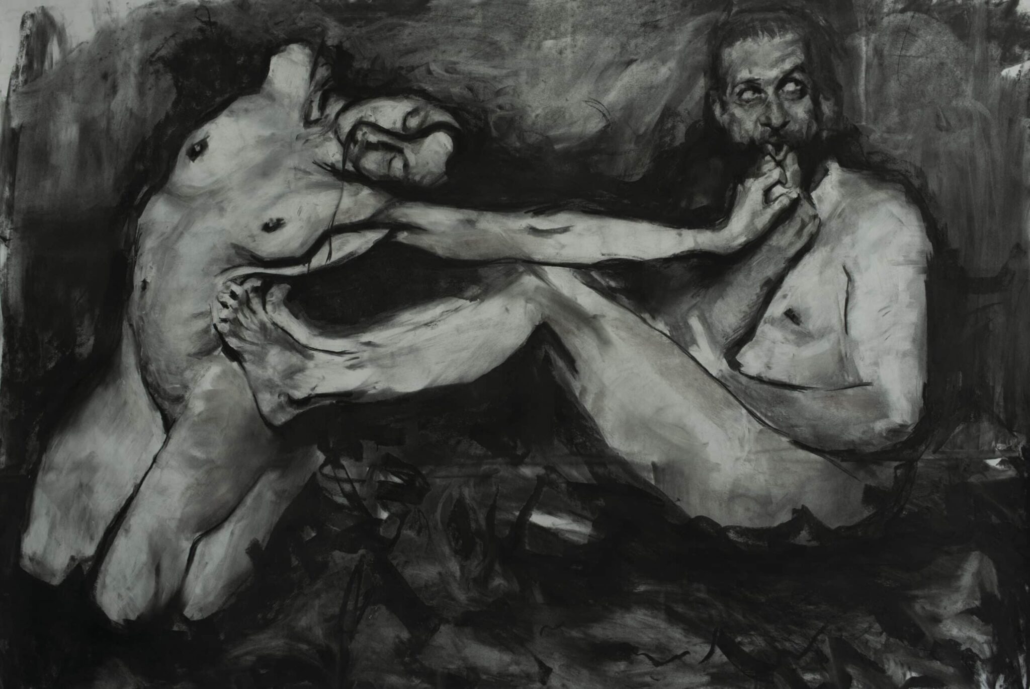 Charcoal drawing from Roberto Murillo's figurative Couplings series la contradiccion, featuring a nude body couple in a sexually suggestive position. Called "Contradiction charcoal drawing"