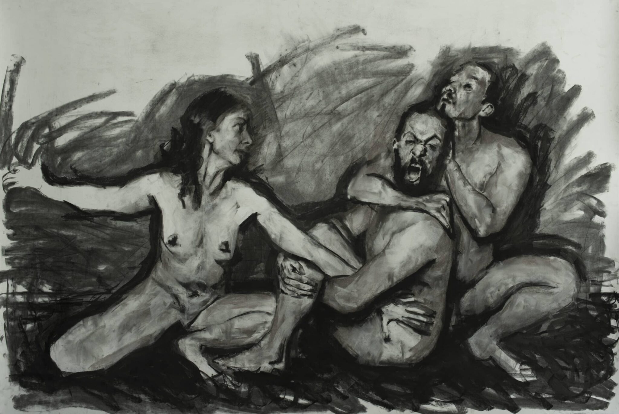 Charcoal drawing from Roberto Murillo's figurative Couplings series, featuring a 3 nude adults in a tussle. desavenencia drawing.