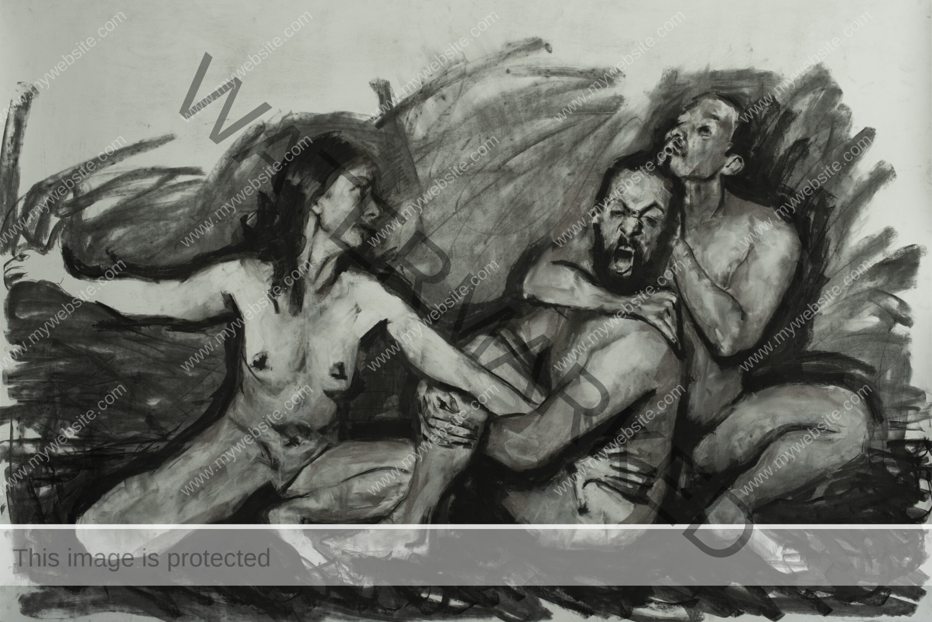 Charcoal drawing from Roberto Murillo's figurative Couplings series, featuring a 3 nude adults in a tussle. desavenencia drawing.