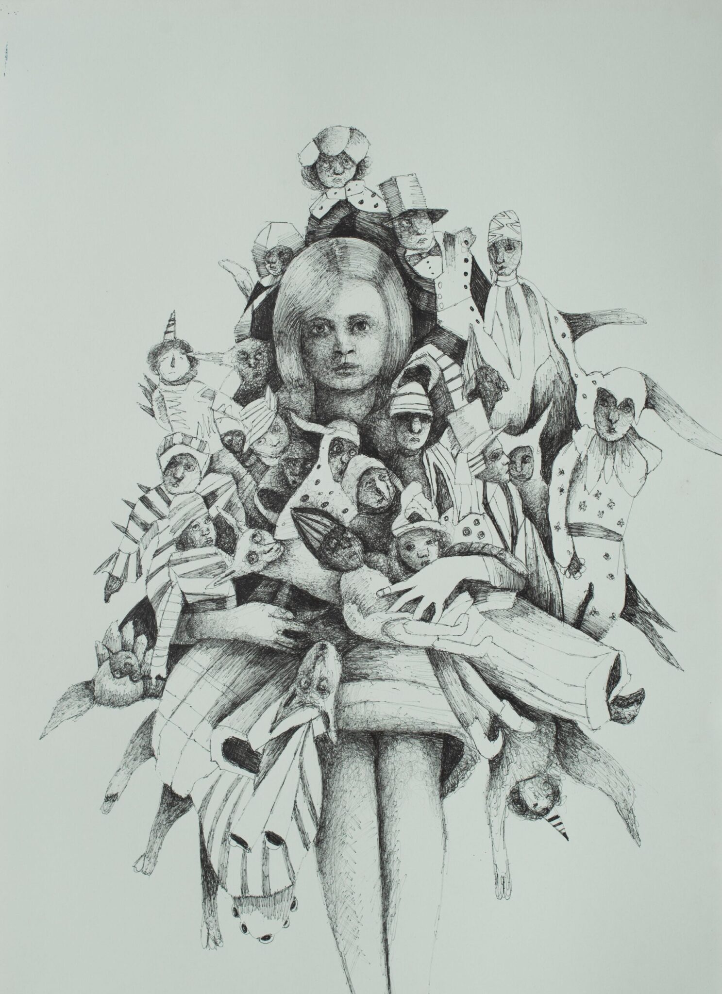 Puppeteer ink on paper by Pablo Mejias, featuring a young girl holding a myriad of puppets in her arms.