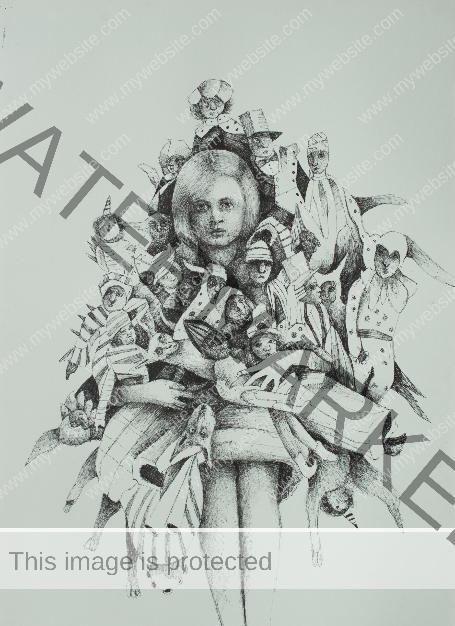 Puppeteer ink on paper by Pablo Mejias, featuring a young girl holding a myriad of puppets in her arms.