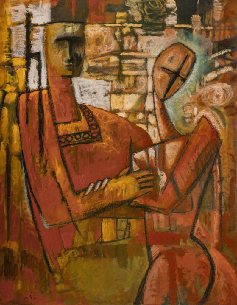 Malentendido painting by Milo Gonzalez. It features a man and a woman engaged in a misunderstanding in Gonzalez's typical cubist style.