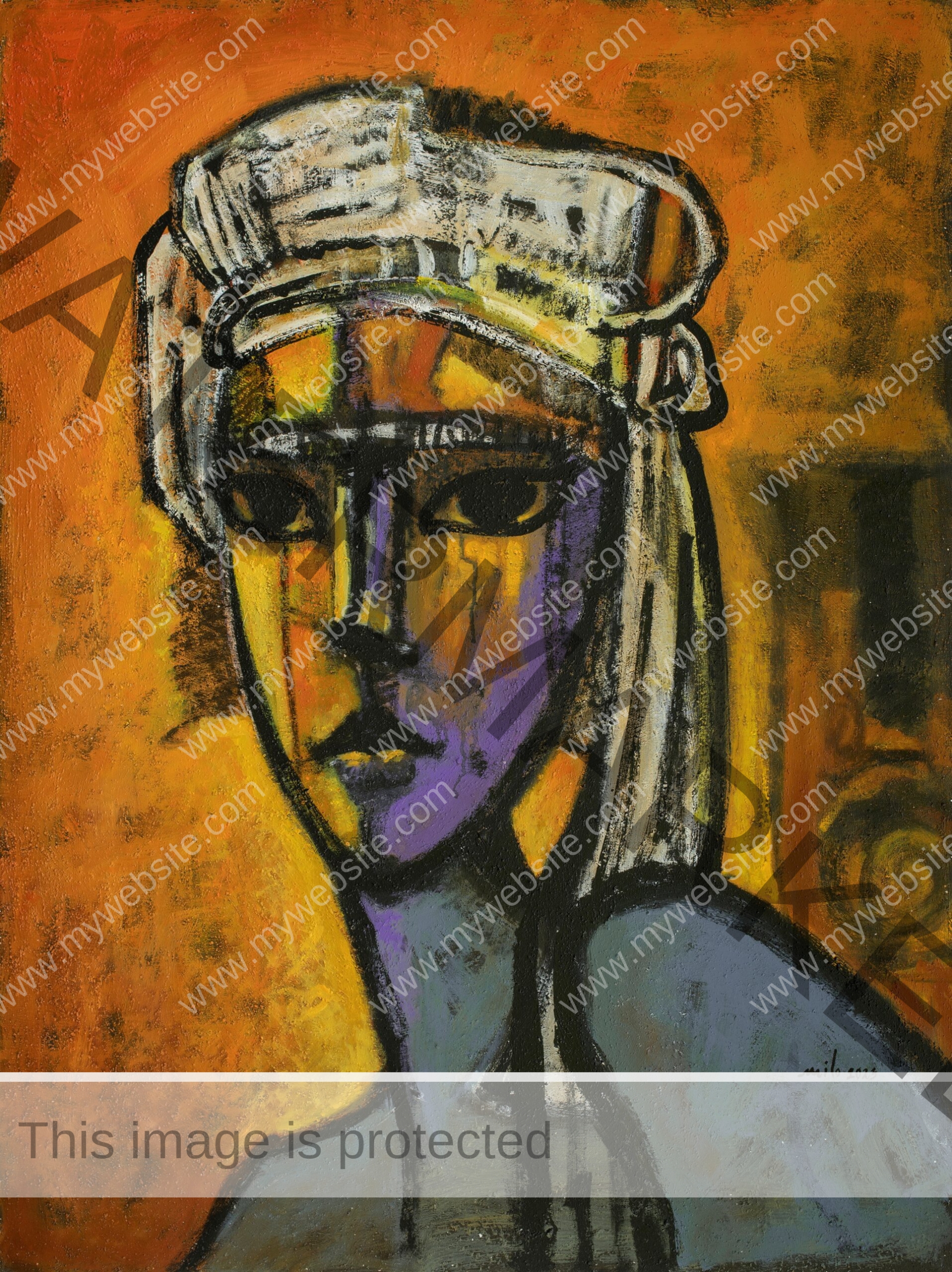 turban woman painting by Milo Gonzalez, featuring a close-up of. a woman who is wearing a turban. Her face is painted with stripes of purple and orange and the background is bright orange. It has an expressionist feel.
