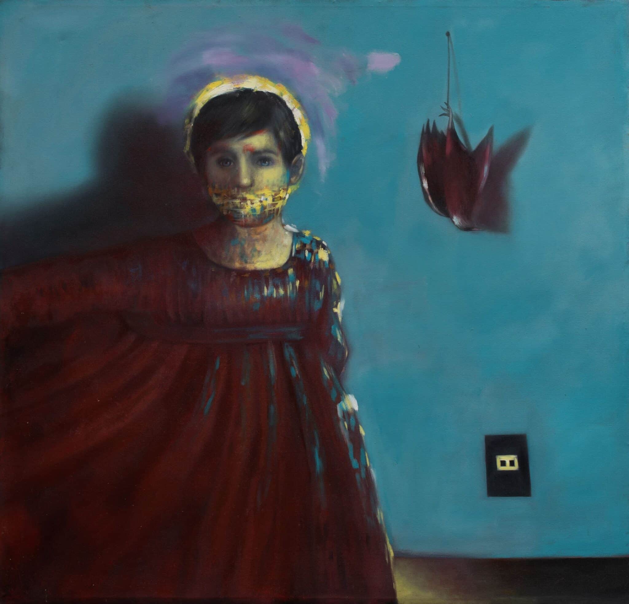 Pablo Mejias art exhibition. niña perdida painting by Pablo Mejias, featuring a small child dissolving from view in an interior setting while a dead bird hangs by its foot against the wall next to her.