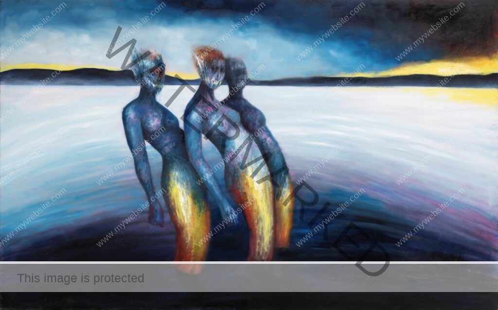 Oil painting by Pablo Mejias of three figures standing together in the water. The colours are purple, blue and yellow, it's surreal and it evokes feelings of unease. Promoting artist gallery MÍRAME Fine Art.