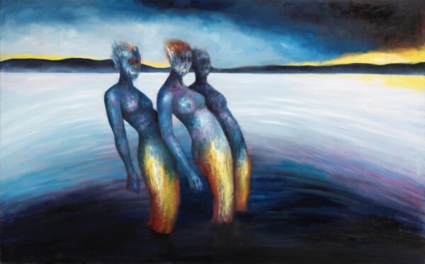Aquarius awakening painting by Pablo Mejias, featuring three figures emerging from the water, which is painted in deep purple, blue and yellow tones. The painting is sinister and unsettling.