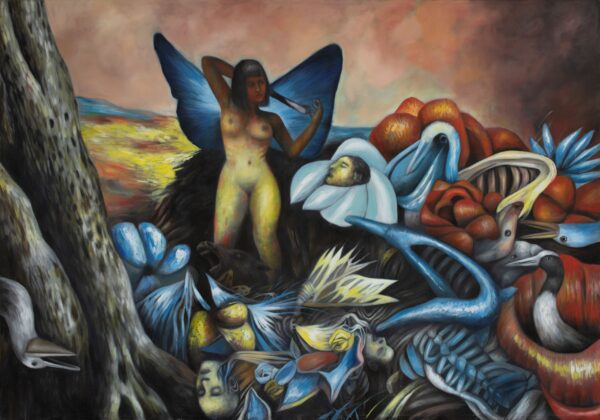 El Jardín de Cassandra by Pablo Mejias, featuring a chaotic garden of figures and animals in the foreground and a naked woman with wings standing over them.