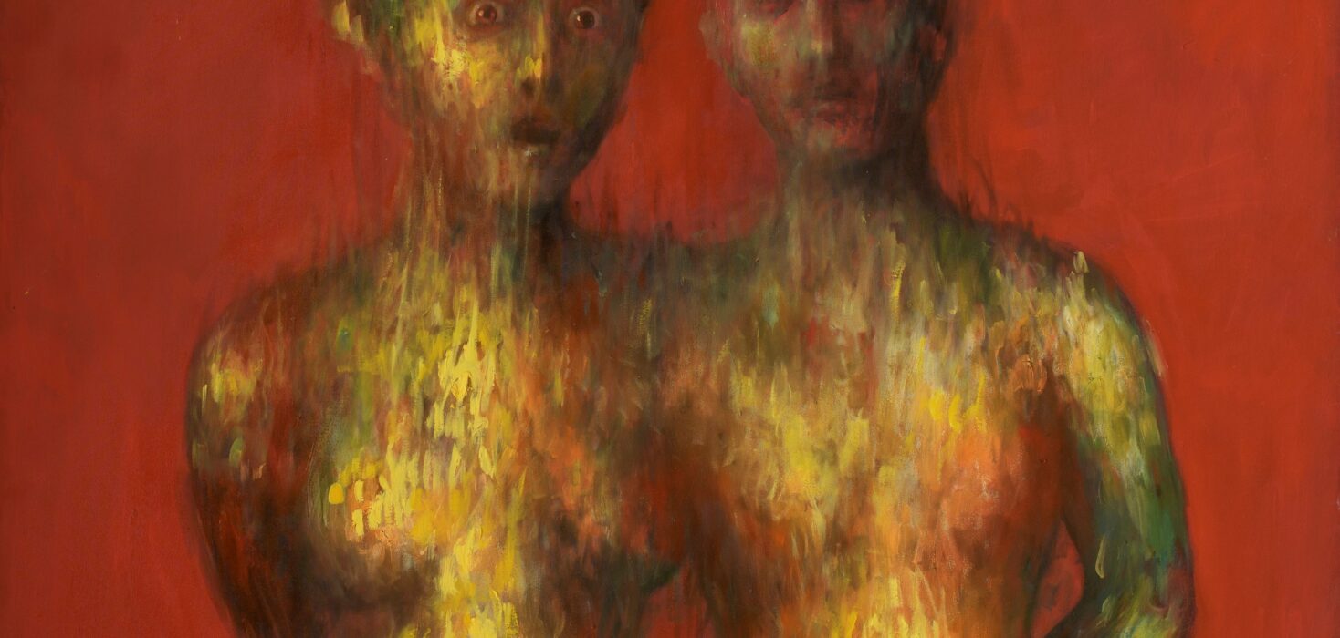 Simbiosis painting by Pablo Mejias, featuring two figures morphing into one another against a bright red background. The painting is sinister and unsettling. Image represents Pablo Mejias' show at AG Gallery in San José.