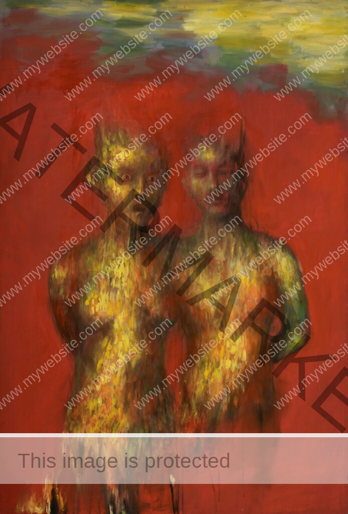 Simbiosis painting by Pablo Mejias, featuring two figures morphing into one another against a bright red background. The painting is sinister and unsettling.