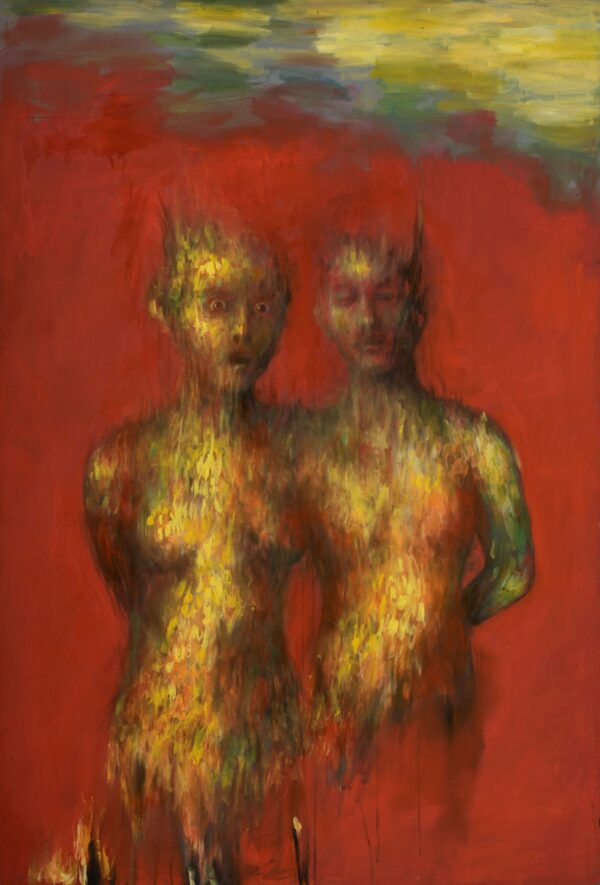 Simbiosis painting by Pablo Mejias, featuring two figures morphing into one another against a bright red background. The painting is sinister and unsettling.
