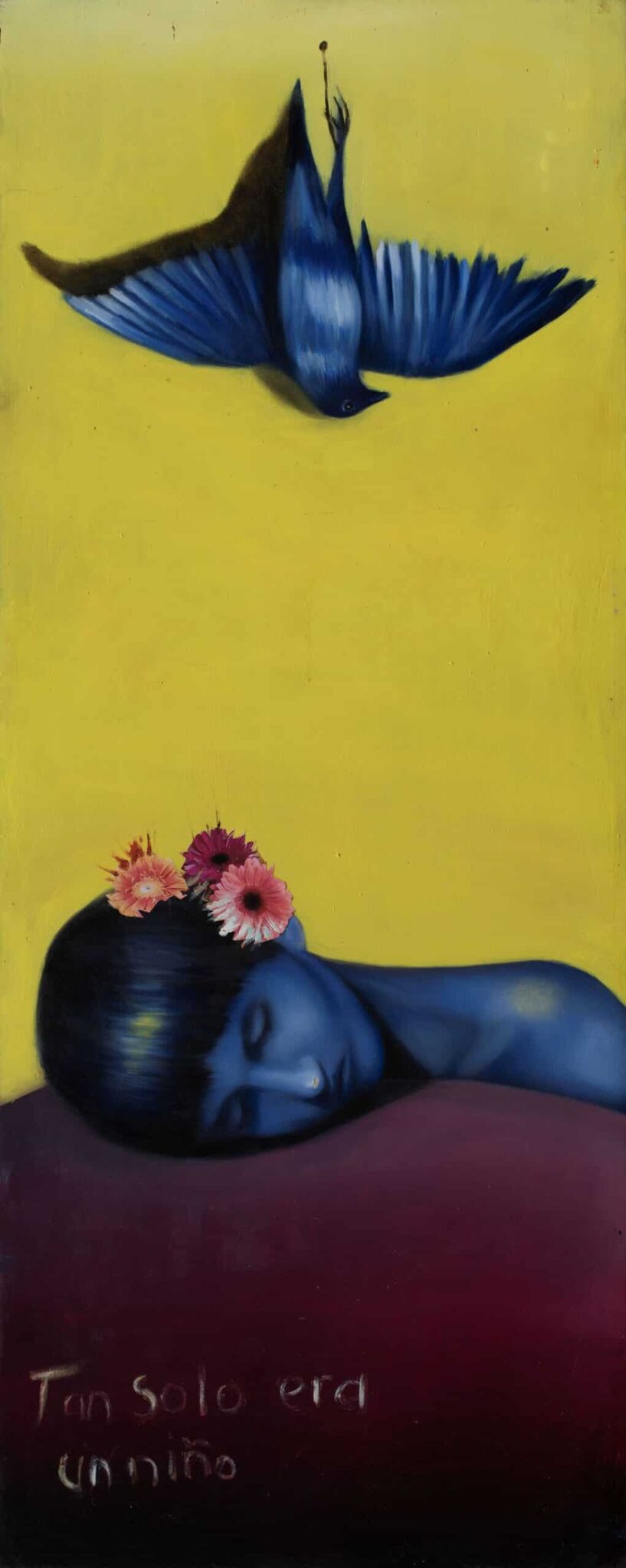 Tan Solo Era Un Niño by Pablo Mejias, featuring a small child, head and shoulders visible, with flowers in their hair. Above a dead bird is suspended by its foot, referencing vulnerability and death. It's a personal and intimate portrayal.