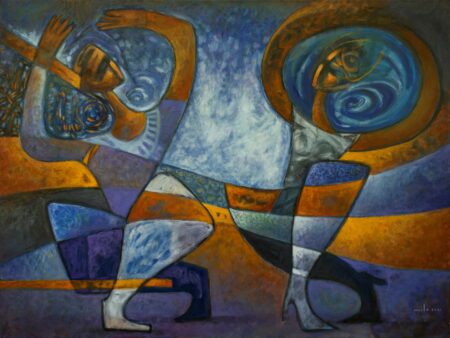 Pas de Deux painting by Milo Gonzalez depicting two figures engaged in a typical ballet duet. Bold colours of blue and orange, with swirling circular shapes represent movement and energy.