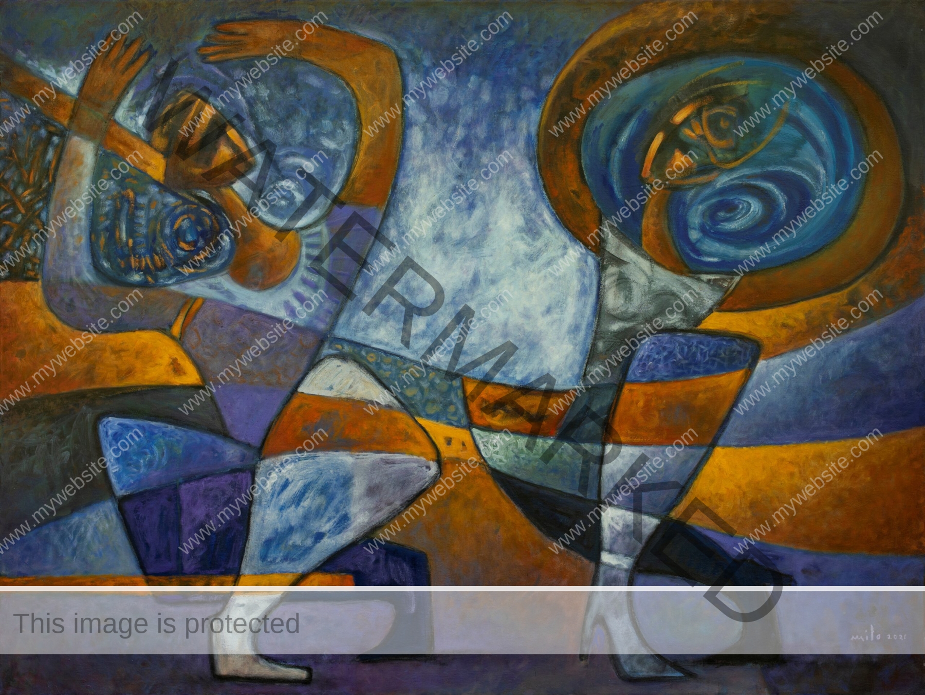 Pas de Deux painting by Milo Gonzalez depicting two figures engaged in a typical ballet duet. Bold colours of blue and orange, with swirling circular shapes represent movement and energy.