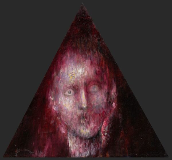 triangular oil painting by Pablo Mejias depicting a sinister, anguished face in red, pink and white tones, that appears to melt and disintegrate before our eyes.