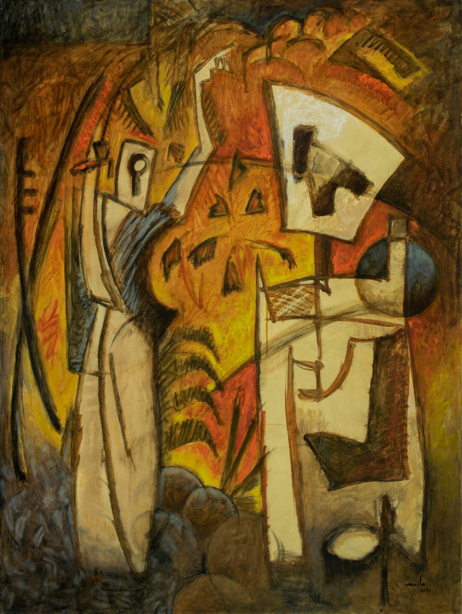 Mystical worship painting by Milo Gonzalez featuring a chaotic composition of lines and shapes, portraying two figures who appear to be at a religious gathering. The bright yellow and orange tones that surround the figures evokes emotion and mysticism.