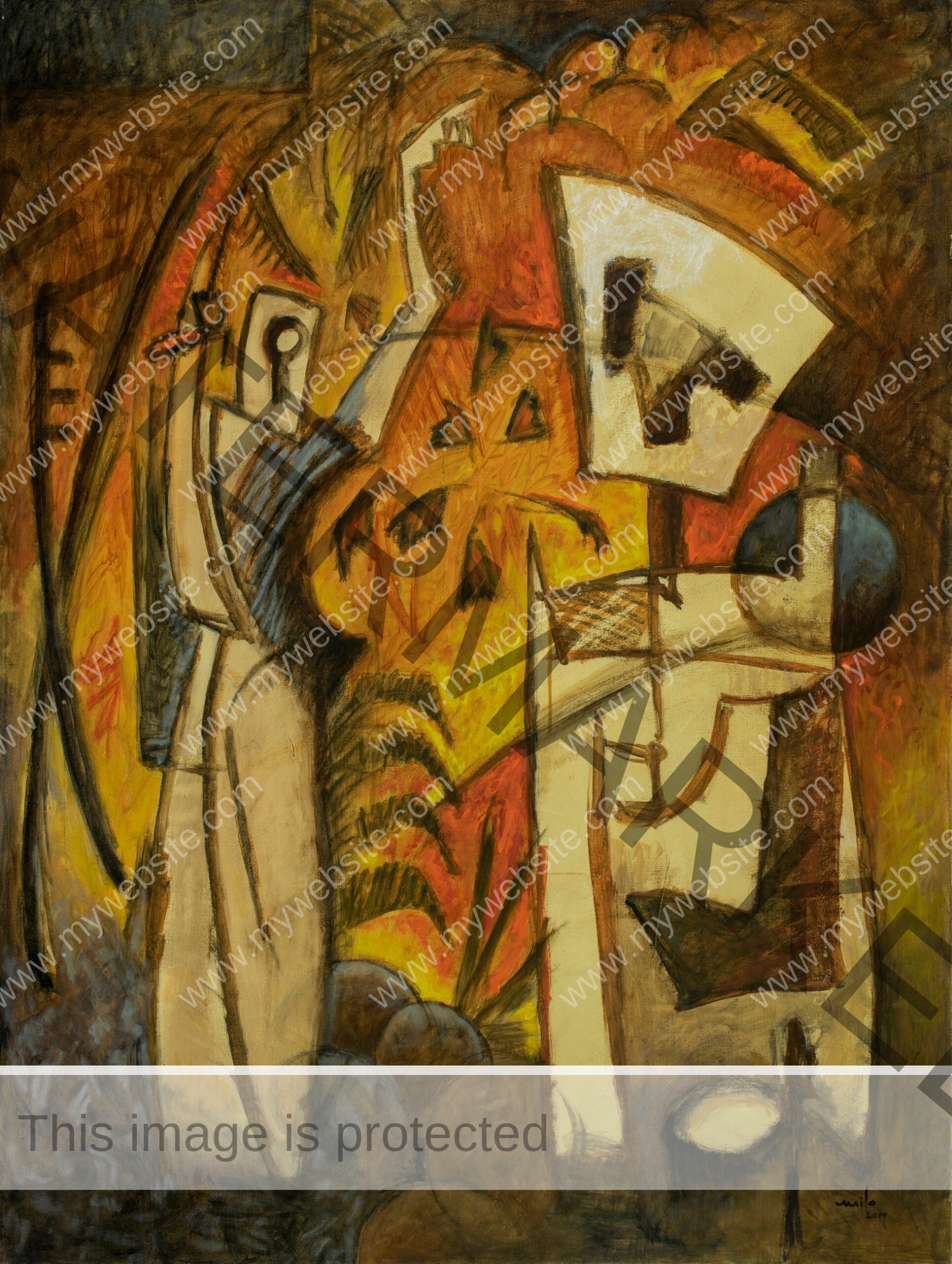 Mystical worship painting by Milo Gonzalez featuring a chaotic composition of lines and shapes, portraying two figures who appear to be at a religious gathering. The bright yellow and orange tones that surround the figures evokes emotion and mysticism.