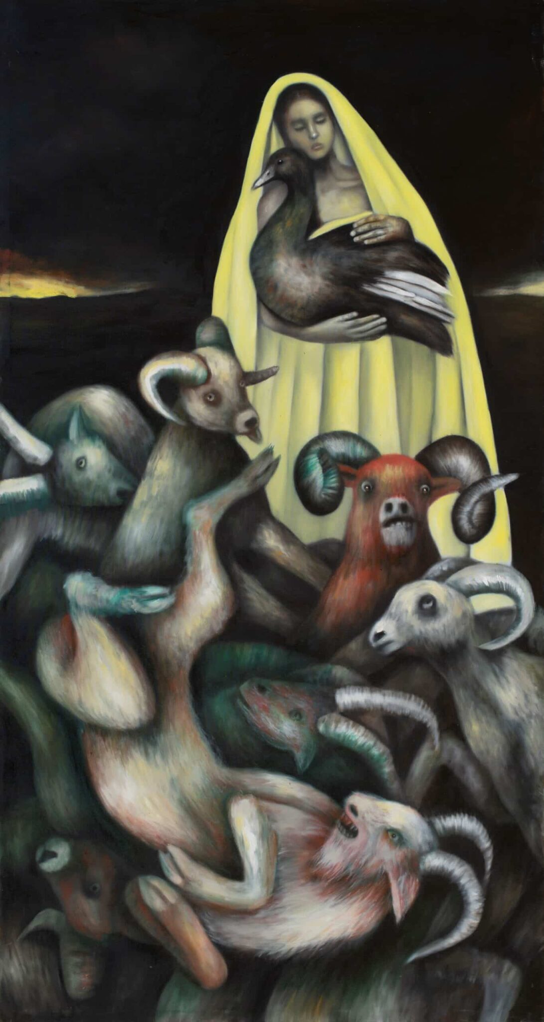 Maternidad painting by Pablo Mejias, featuring a chaotic scene with entangled animals in the foreground and a woman wearing a yellow cloak in the background. She holds a bird in her arms, creating an unsettling notion of maternity and nurturing.
