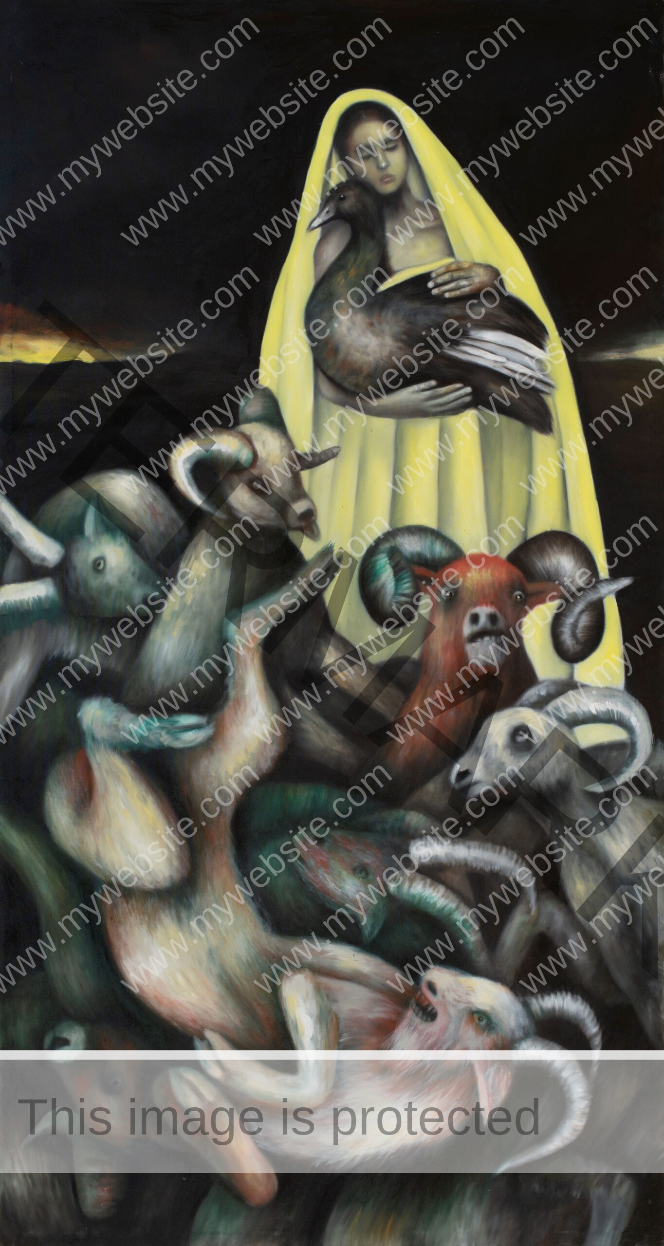 Maternidad painting by Pablo Mejias, featuring a chaotic scene with entangled animals in the foreground and a woman wearing a yellow cloak in the background. She holds a bird in her arms, creating an unsettling notion of maternity and nurturing.