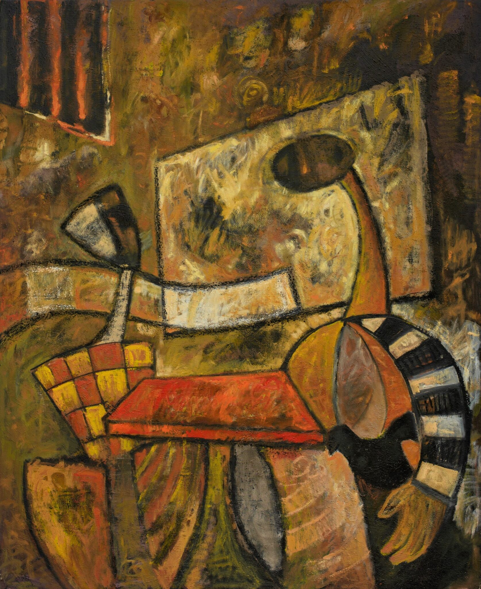 black dog painting by Milo Gonzalez, featuring two abstract, elongated figures sitting at a table with a small dog sitting below them. The colours are predominantly brown evoking a cosy interior vibe.