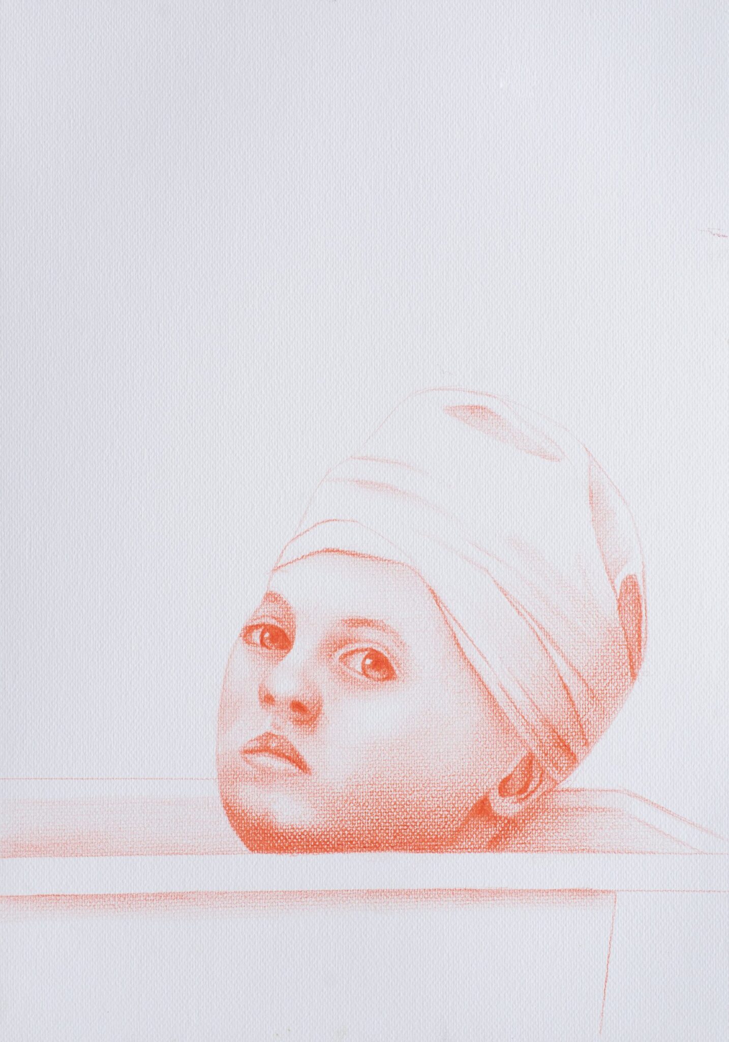 Nostalgia pencil on paper drawing by Pablo Mejias of a figure's head swatched in a cloth. The facial features are detailed and the background is abstract. True to the title, the piece is nostalgia and wistful as well as serene and calm.