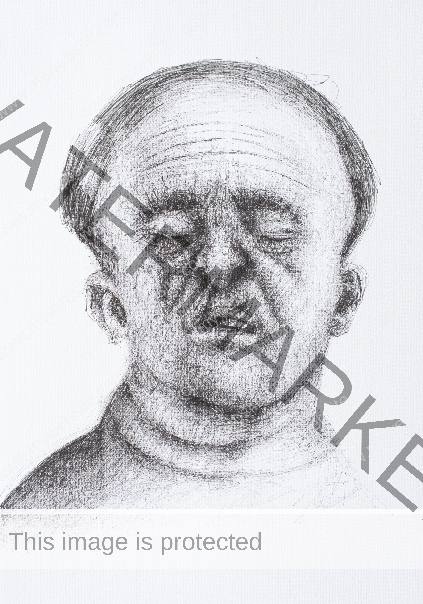 Figurative ink on paper artwork by Pablo Mejias, featuring a drawing of Baudelaire, with his eyes shut, evoking a death mask. The piece is unsettling and eerie.
