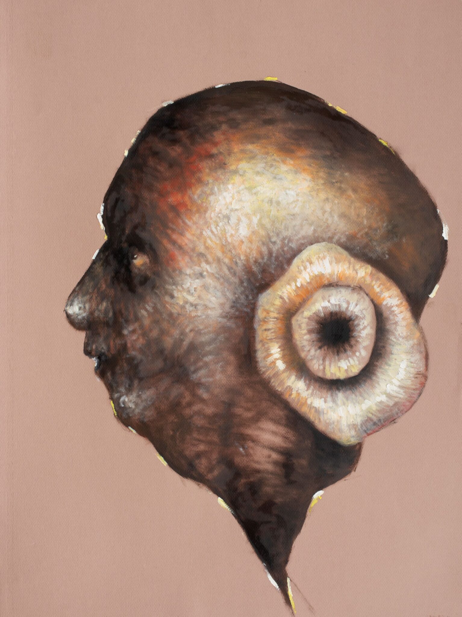 figurative oil on paper artwork by Pablo Mejias, featuring the side view of a human head that is morphing into something Other. It's an eerie painting.