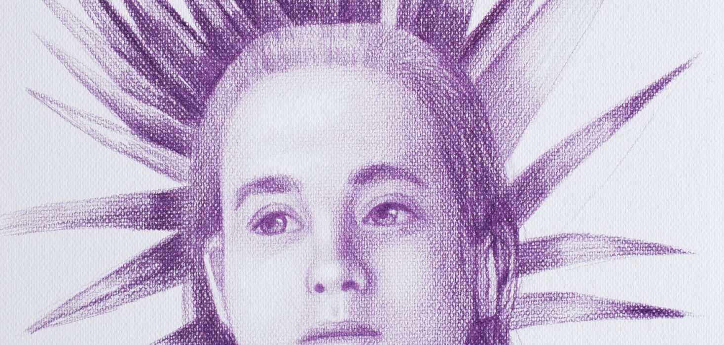 figurative pencil on paper by Pablo Mejias featuring a simple depiction of a young girl with sunbeams emanating from her head. The artwork is intimate and loving. Celebrating Pablo Mejias at Galería Talentum