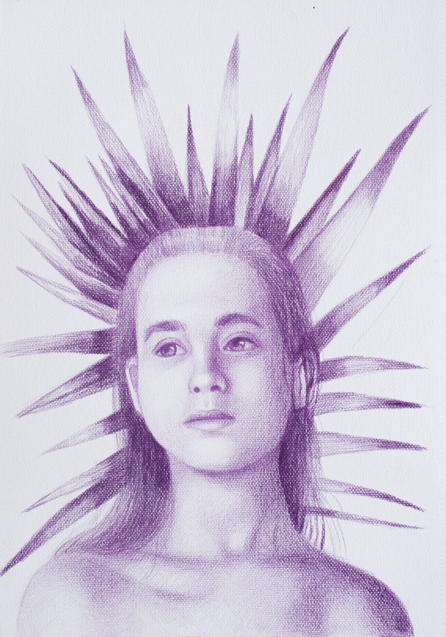 figurative pencil on paper by Pablo Mejias featuring a simple depiction of a young girl with sunbeams emanating from her head. The artwork is intimate and loving. Celebrating Pablo Mejias at Galería Talentum