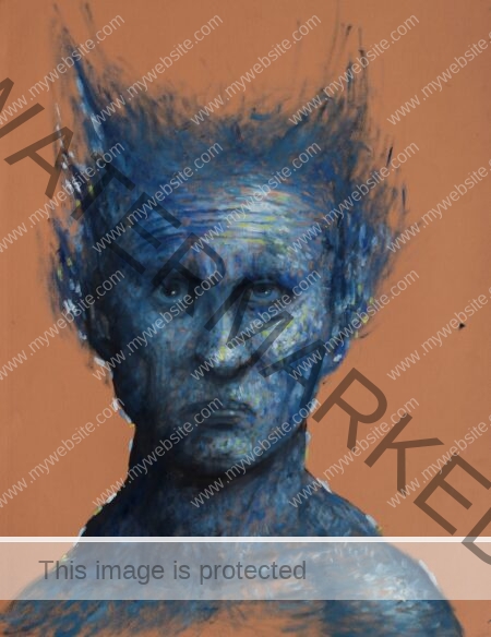 A crapula painting by Pablo Mejias, featuring a block, orange. background against which a head painted with blue and white tones is presented; the head is elongated as if he has horns. It's a sinister image commenting on indulgence and excess.