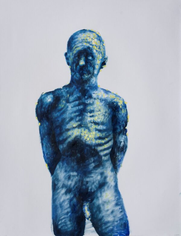 Hombre Azul oil painting by Pablo Mejias, featuring a block grey background against which a nude, blue figure is depicted. it's unsettling and alien.