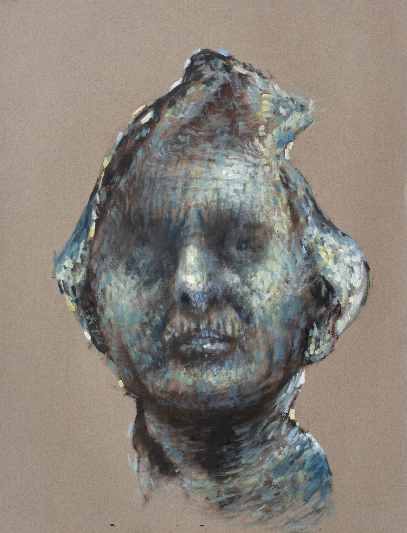expressive figurative by Pablo Mejias, featuring an earthy brown and grey background and a severed head and neck painted with blue, yellow and brown tones.