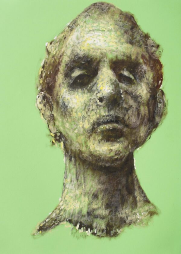Hombre Roto painting by Pablo Mejias, featuring a bright green abstract background and a head, and neck, painted with green, yellow and white tones.