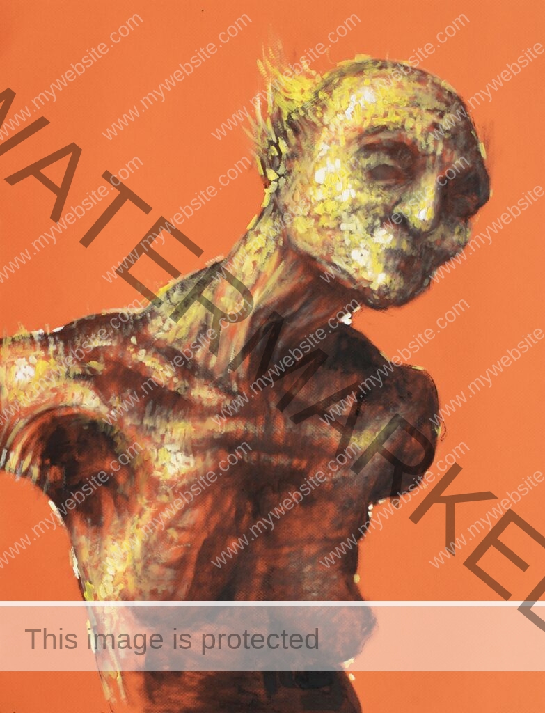Personaje Imaginario painting by Pablo Mejias, depicting an abstract orange background with a naked torso twisting and writing.