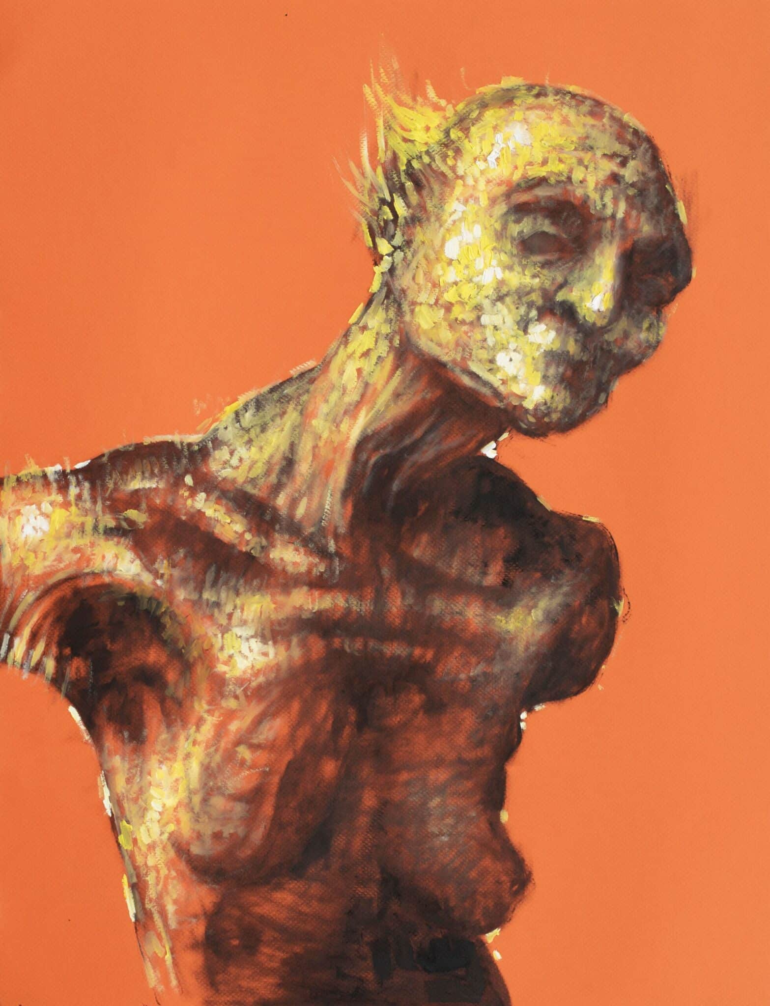 Personaje Imaginario painting by Pablo Mejias, depicting an abstract orange background with a naked torso twisting and writing.