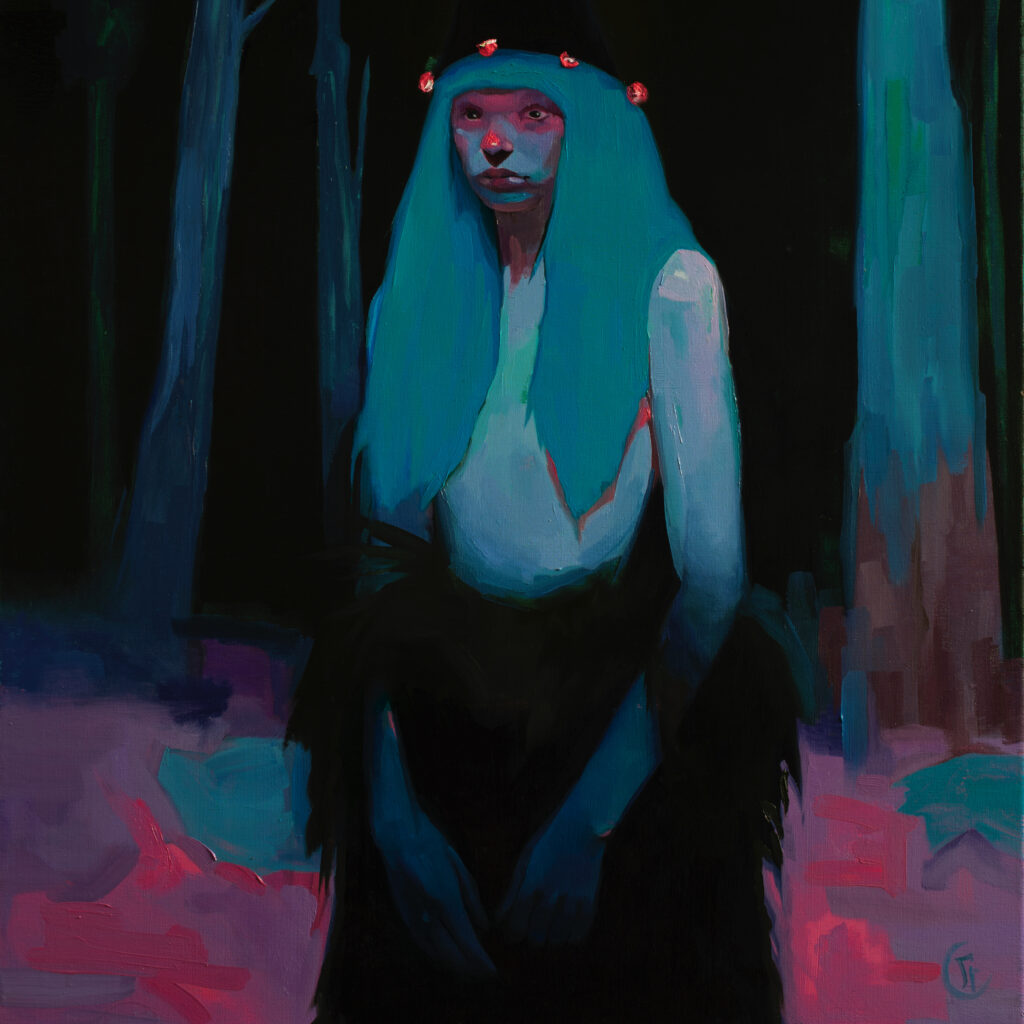 Mysterious elf woman in the forest, with evocative blue, pink and black colours. Costa Rican art by Emilia Cantor.