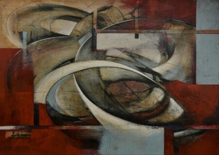 Abstract acrylic painting with brown, red, blue, orange, by Alonso Durán's Costa Rican Painting.