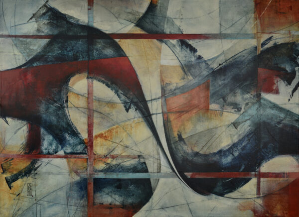 Abstract acrylic painting with blue, red, orange and grey, by Alonso Durán. Topology Painting