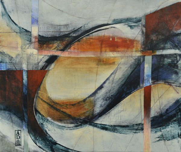 Abstract painting with red, blue orange and grey, by Alonso Durán painting