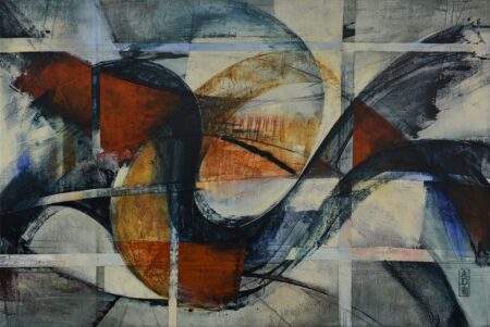 Abstract acrylic painting with red, blue, orange, and grey, by Alonso Durán. Costa Rica Painting