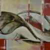 Abstract acrylic painting with red, blue, yellow and grey, by Alonso Durán's Flowing II